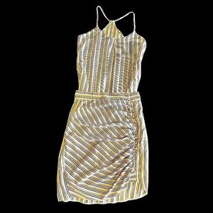 Peonia, Size S silk attire. Cream, caramel and black striped cami and skirt.